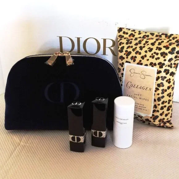 Dior Beauty Double Lipstick Bundle w/Blue Velvet CD Cosmetic Bag + More NEW - Picture 2 of 7